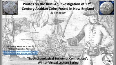 Flyer advertising the lecture "Pirates on the Run: An Investigation of 17th Century Arabian Coins Found in New England"
